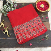 Vriksham Red Plain With Printed Border Ajrakh Modal Silk Saree-VS4662